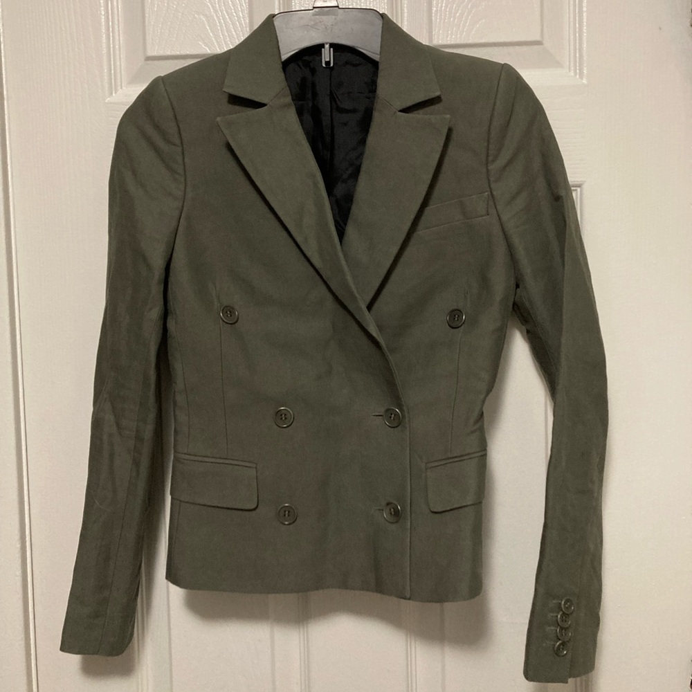 BLK DNM Olive Double Breasted Fitted Ramie Blend Women’s Blazer Jacket #B